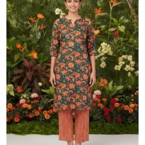 Pure cotton floral print kurta-pant set with piping work