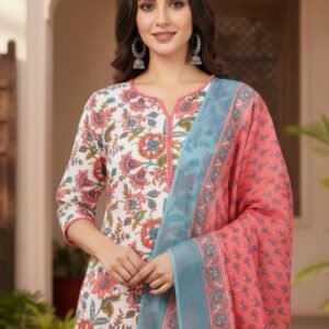 Floral pure cotton suit set with pom pom lace