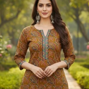 Pure cotton kalamkari floral print kurti with lace work